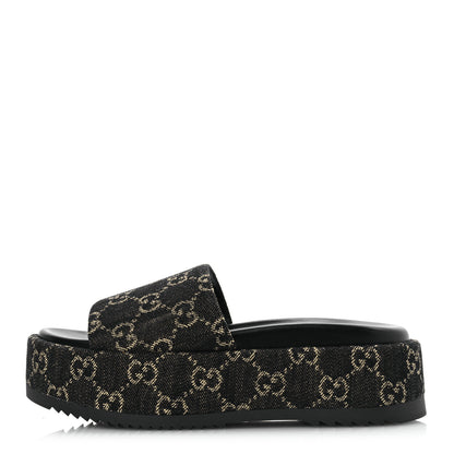Gucci Jacquard Black Denim GG Monogram Angelina Platform 55mm Slide Sandals 35.5 Black Ivory 1 of 11