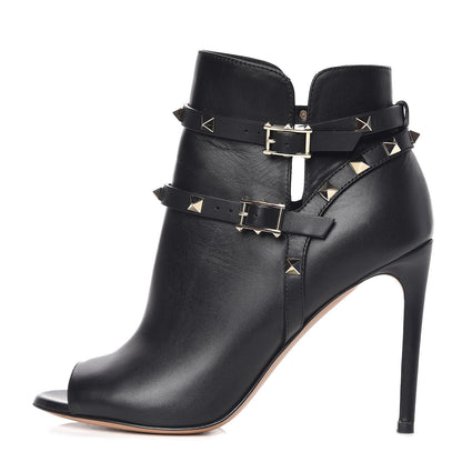 Valentino Garavani Calfskin Rockstud Peep Toe Double Buckle 100mm Ankle Boots 37 Black 1 of 13