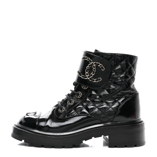 Shiny Goatskin Calfskin Quilted Lace Up Combat Boots 37 Black