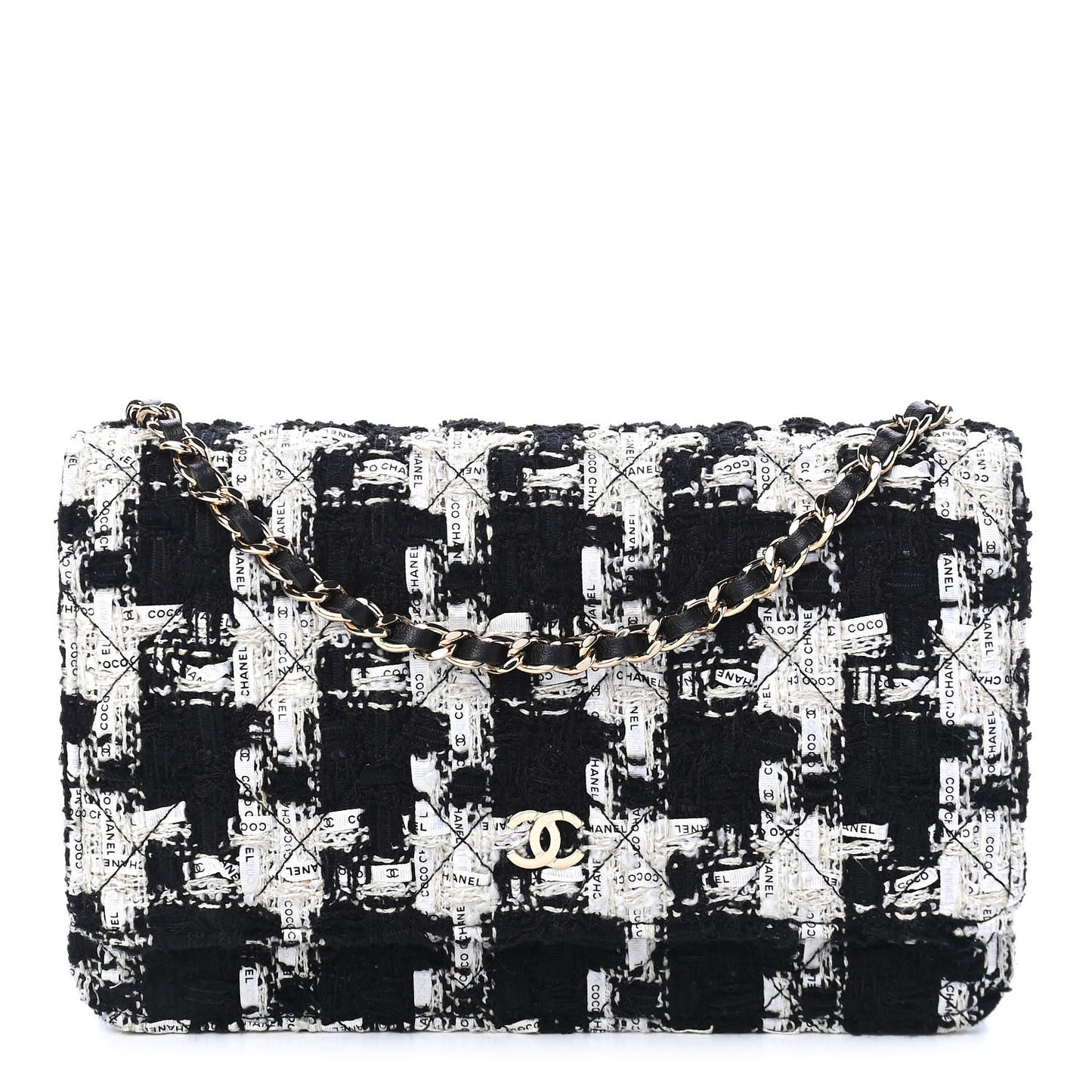 Tweed Quilted Wallet On Chain WOC Black Ecru White
