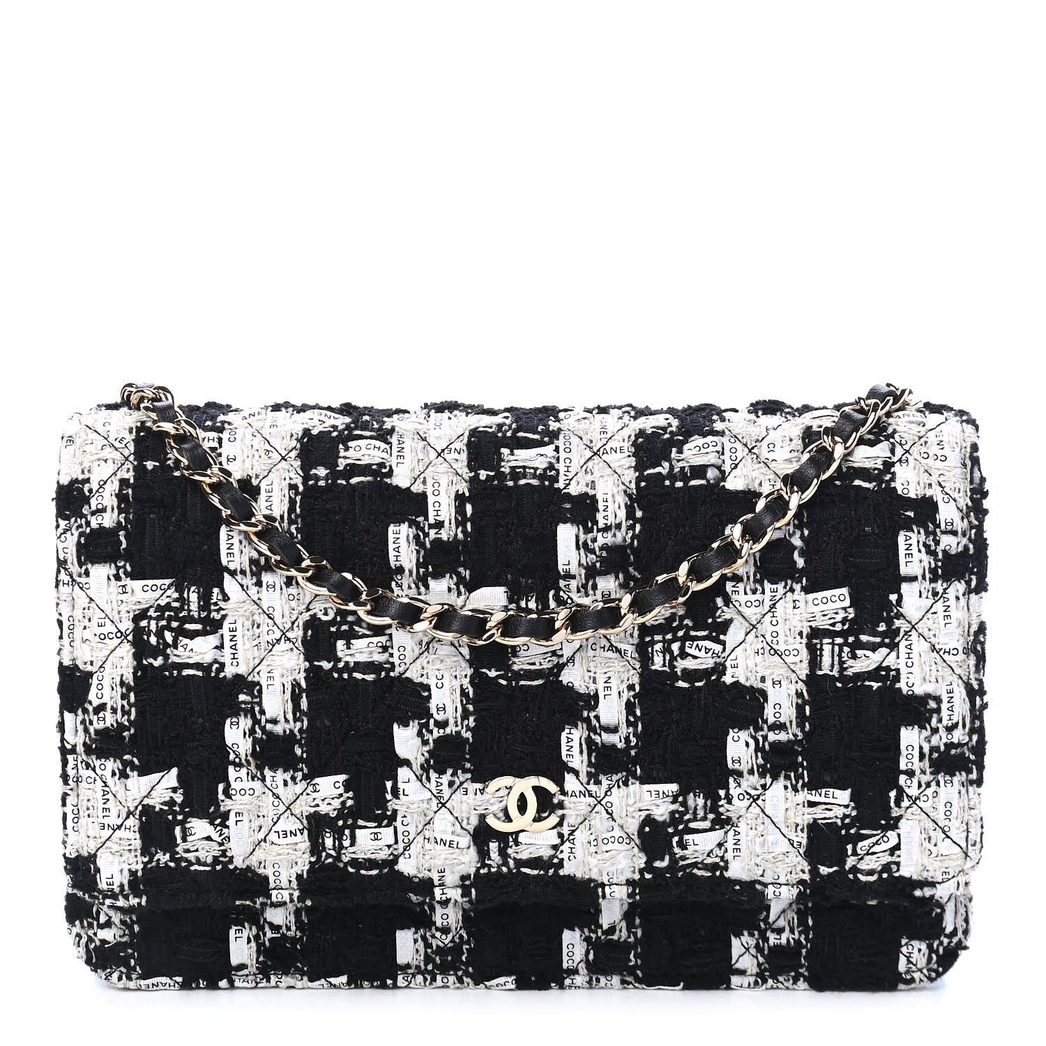Chanel Tweed Quilted Wallet On Chain WOC Black Ecru White 1 of 10
