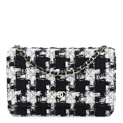 Chanel Tweed Quilted Wallet On Chain WOC Black Ecru White 1 of 10