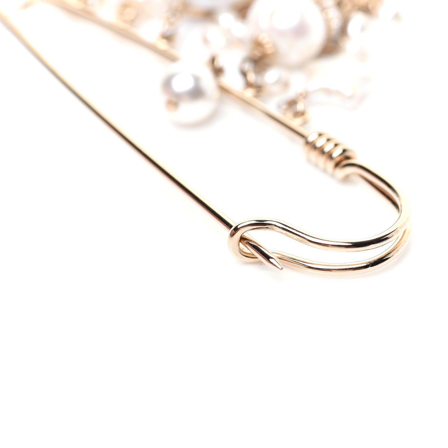 Pearl Crystal CC Charms Safety Pin Brooch Gold