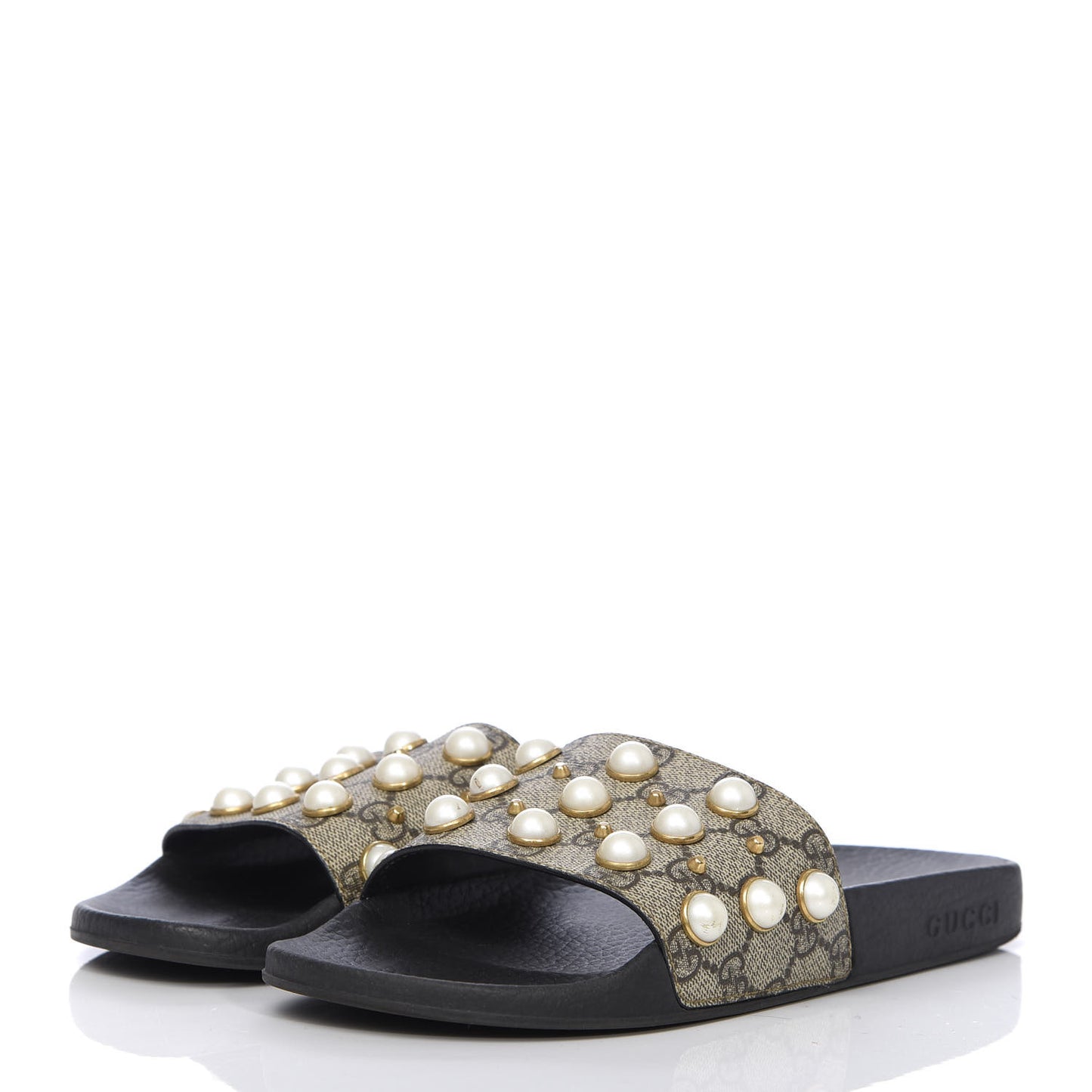 GG Supreme Monogram Slide Pearls Sandals 39 Beige