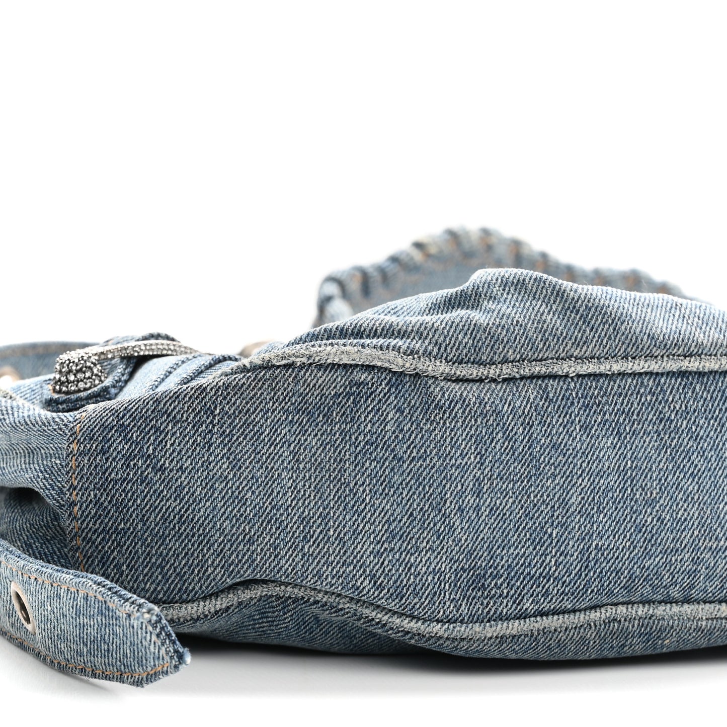 Washed Frayed Denim Crystal Le Cagole Shoulder Bag XS Blue