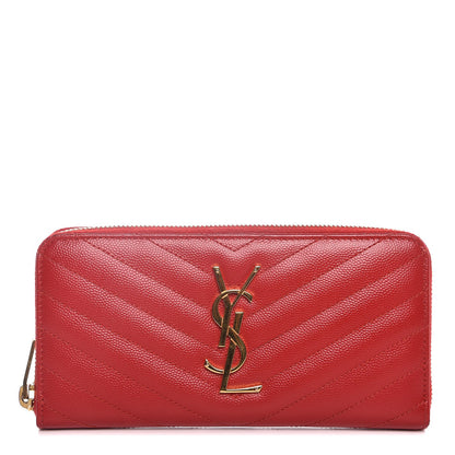 Saint Laurent Grain De Poudre Matelasse Chevron Monogram Zip Around Wallet Red 1 of 6