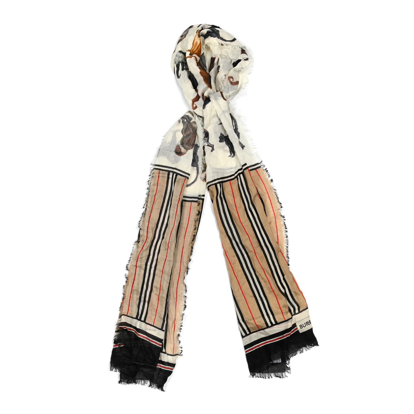 Wool Silk Gauze Nova Check Illustrated Monkey Scarf Beige