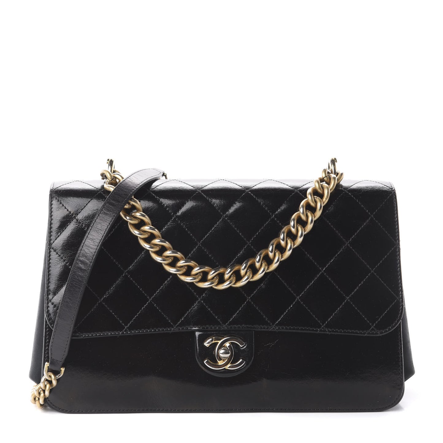 Aged Glazed Calfskin Quilted Straight Lined Flap Black