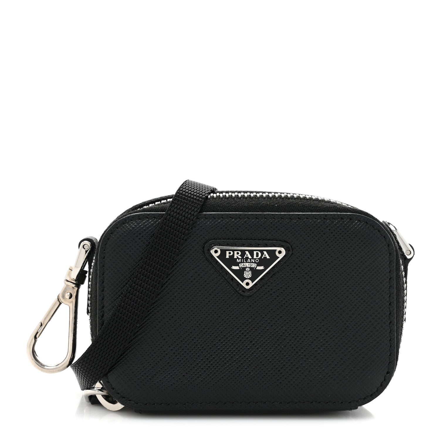 Prada Saffiano Travel Metal Triangle Logo Mini Pouch Shoulder Bag Black 1 of 8