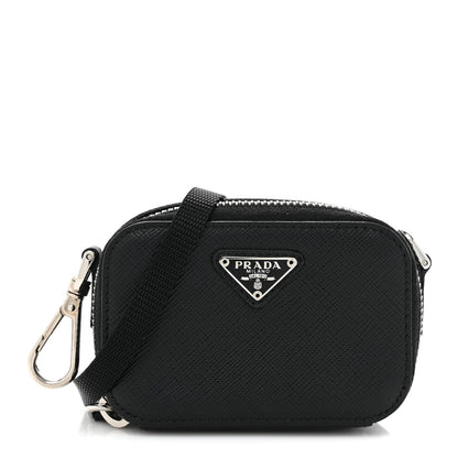 Prada Saffiano Travel Metal Triangle Logo Mini Pouch Shoulder Bag Black 1 of 8