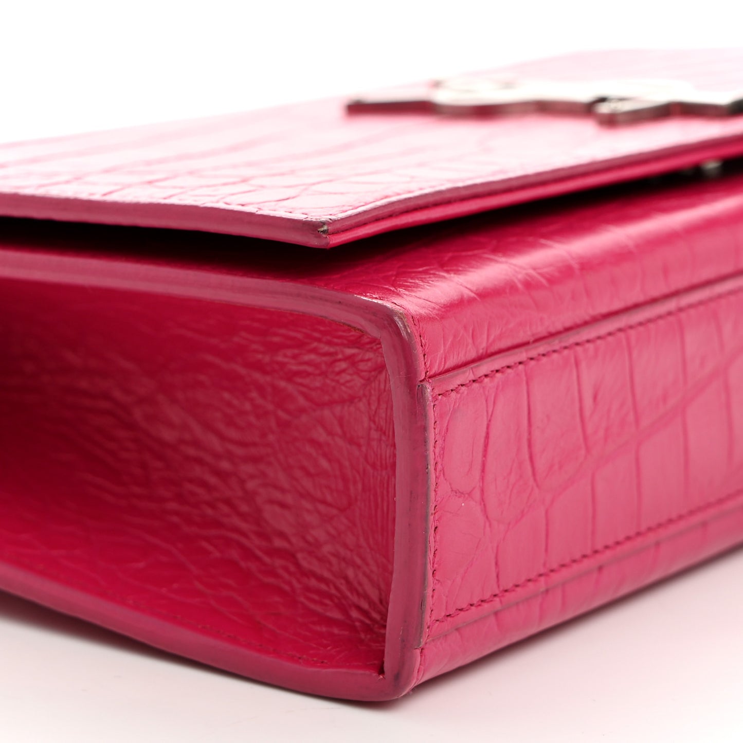 Calfskin Crocodile Embossed Medium Classic Monogram Kate Tassel Satchel Fuchsia