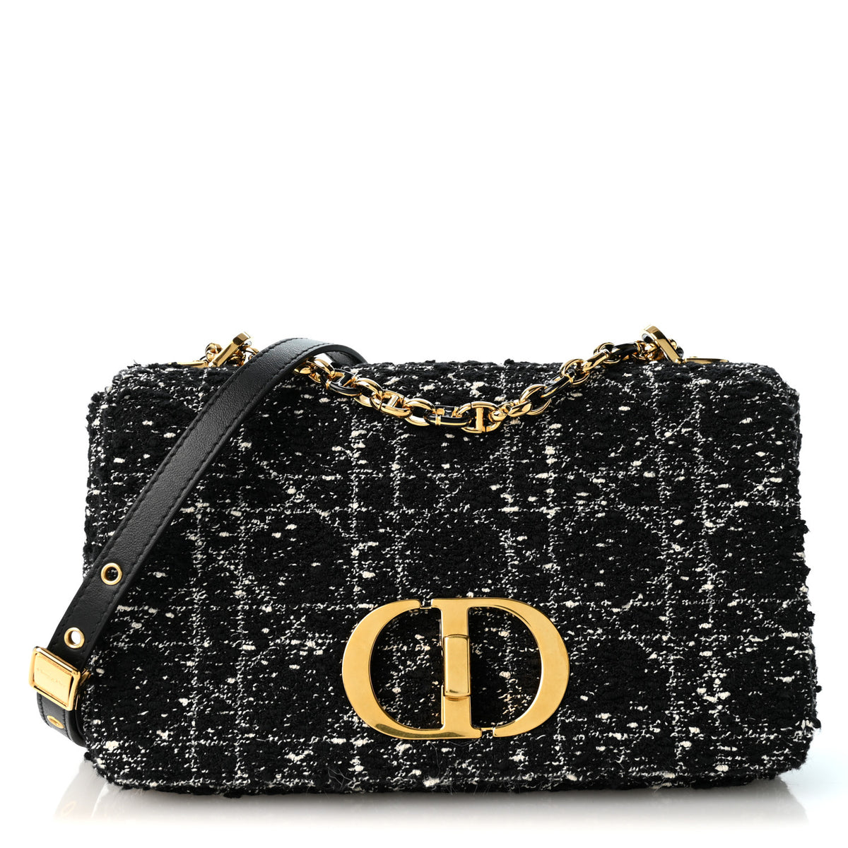 Calfskin Tweed Embroidered Cannage Medium Caro Bag Black White