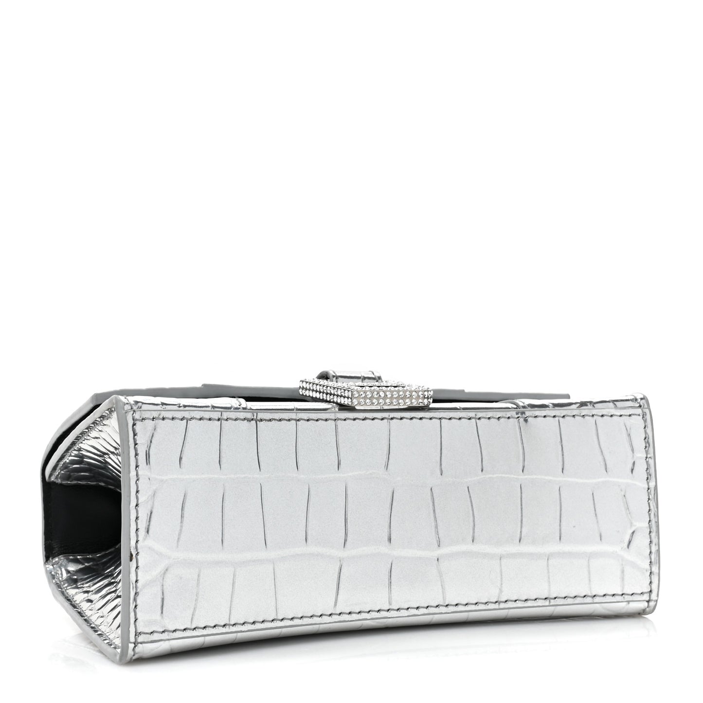 Metallic Calfskin Crocodile Embossed Crystal Hourglass Top Handle Bag XS Silver
