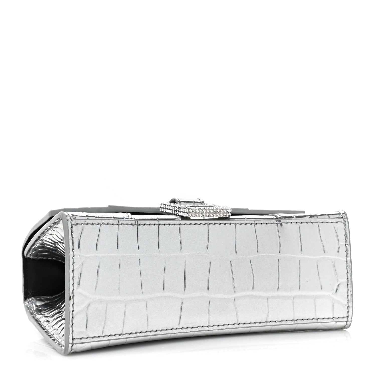 Balenciaga Metallic Calfskin Crocodile Embossed Crystal Hourglass Top Handle Bag XS Silver 4 of 16