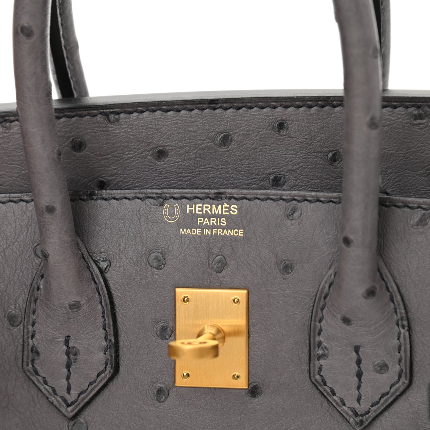 Ostrich Horseshoe Birkin 25 Gris Agate Bleu De Malte