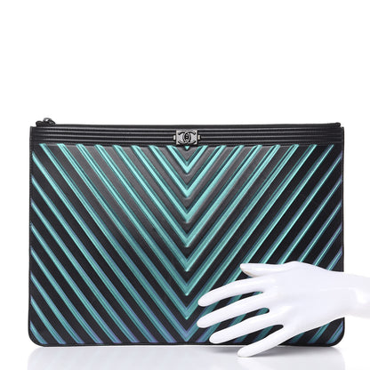 Chanel Calfskin Painted Chevron Embossed Large Boy Zip Pouch Black 2 of 11