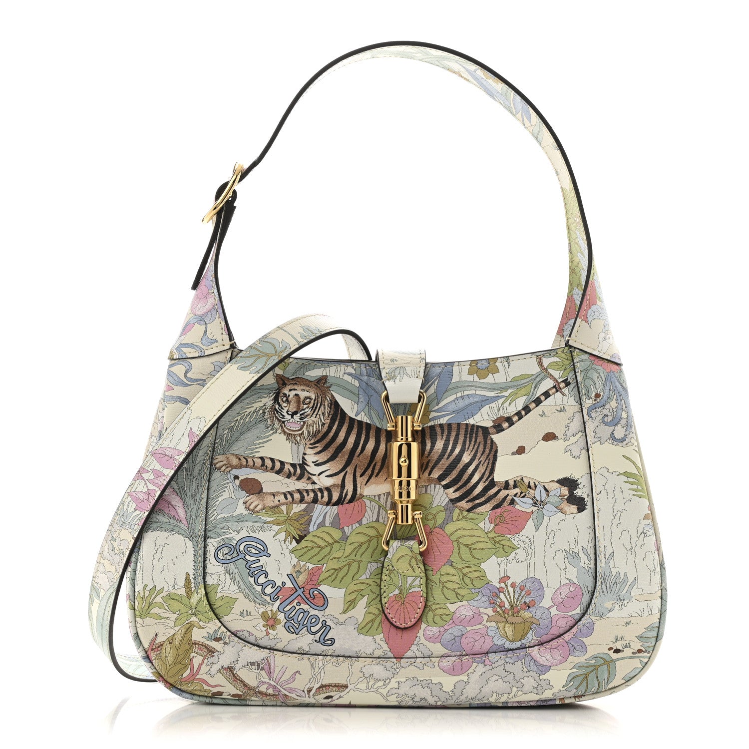 Gucci New Shangai Calfskin Tiger Savanah Small Jackie 1961 Hobo Chalky White Multicolor 1 of 10