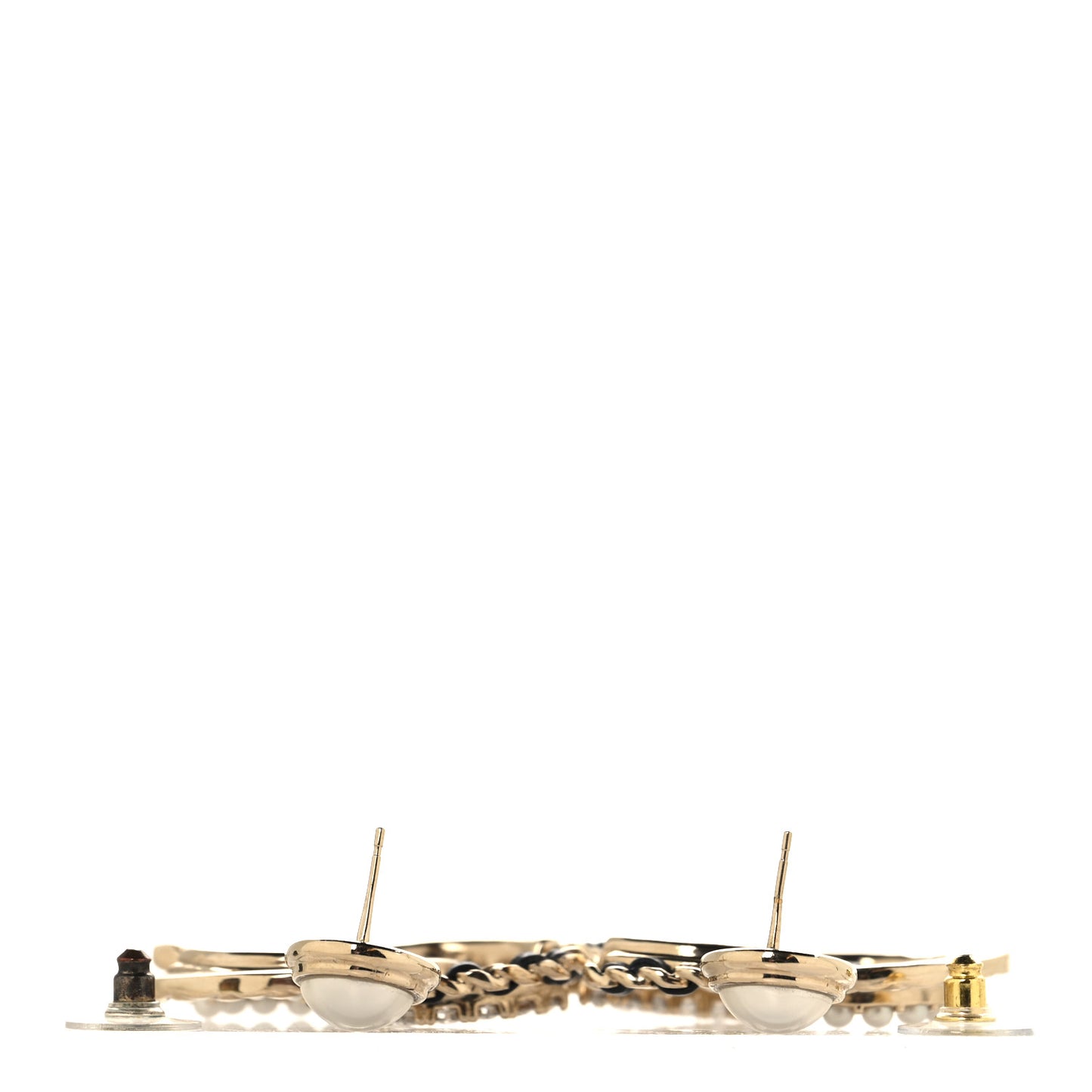 Pearl Lambskin Crystal Chain Textured CC Drop Earrings Black Gold