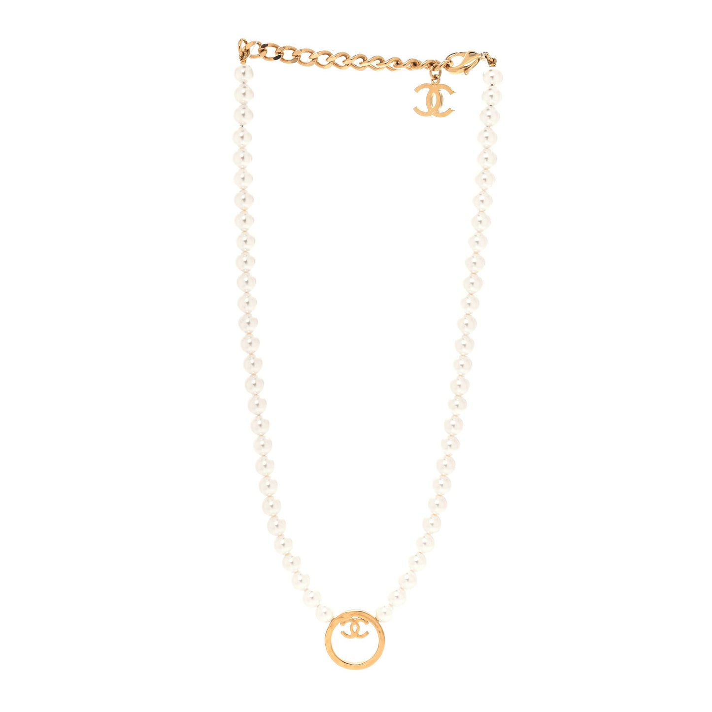 Pearl CC Round Long Necklace Gold White