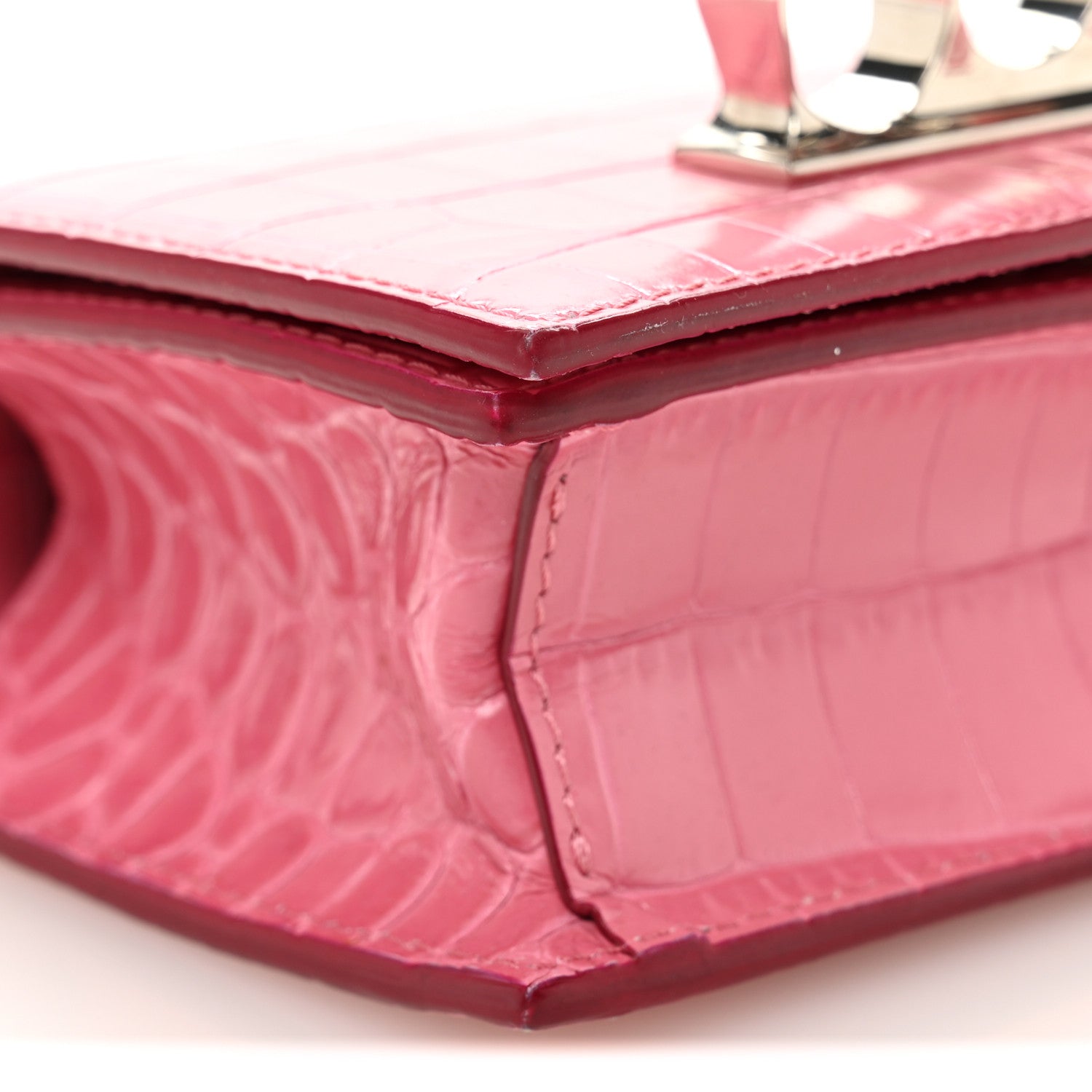 Alexander McQueen Calfskin Crocodile Embossed Mini Jeweled Knuckle Satchel Pink 10 of 14