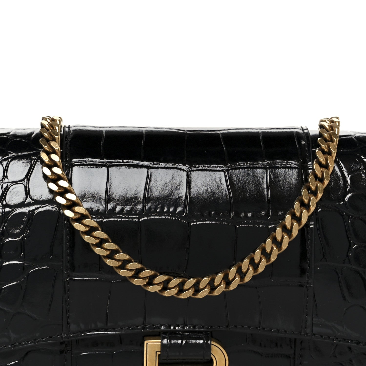 Balenciaga Shiny Calfskin Crocodile Embossed Hourglass Chain Bag Black 9 of 11