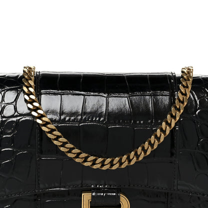 Balenciaga Shiny Calfskin Crocodile Embossed Hourglass Chain Bag Black 9 of 11