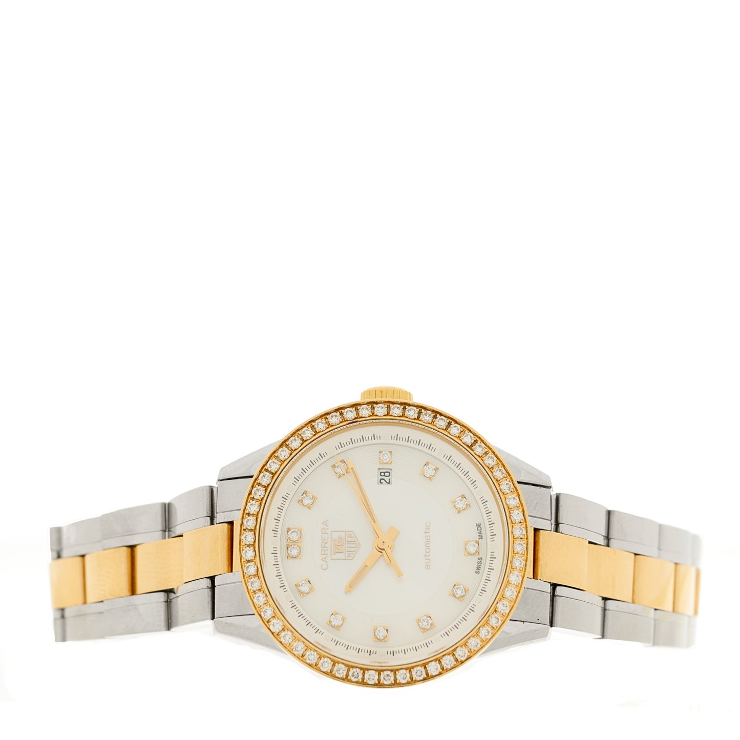 Stainless Steel 18K Yellow Gold Diamond Bezel Mother of Pearl 27mm Carrera Automatic Watch WV2451