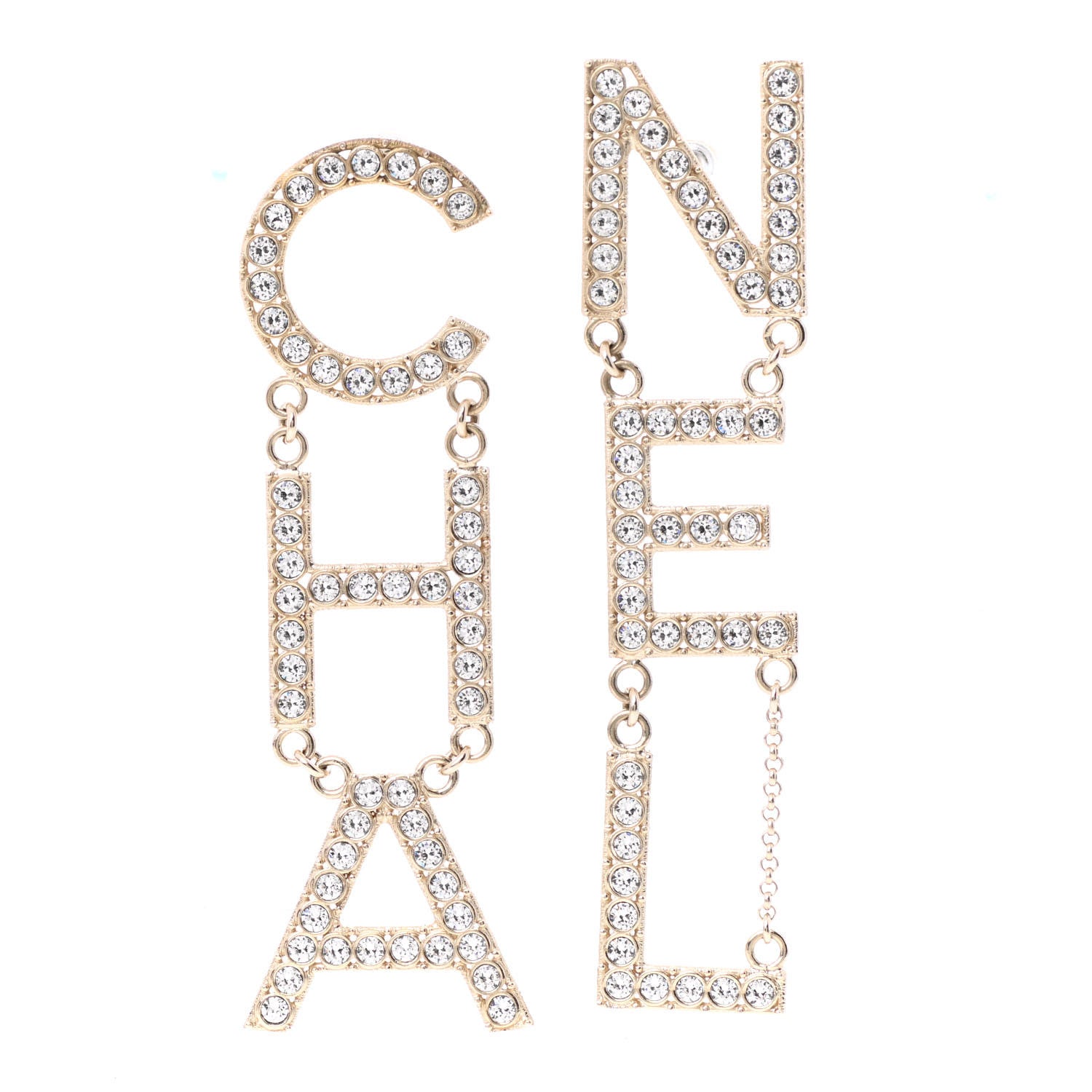 Chanel Crystal Cha-Nel Logo Drop Earrings Gold 1 of 5