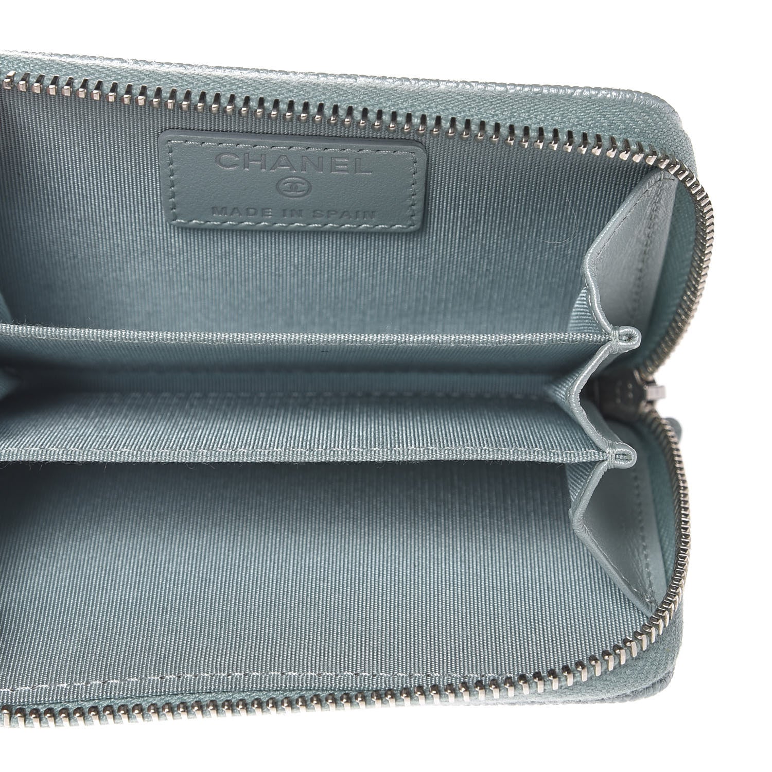 Chanel Metallic Caviar Chevron Quilted Vintage Mademoiselle Zip Coin Purse Light Blue 5 of 8