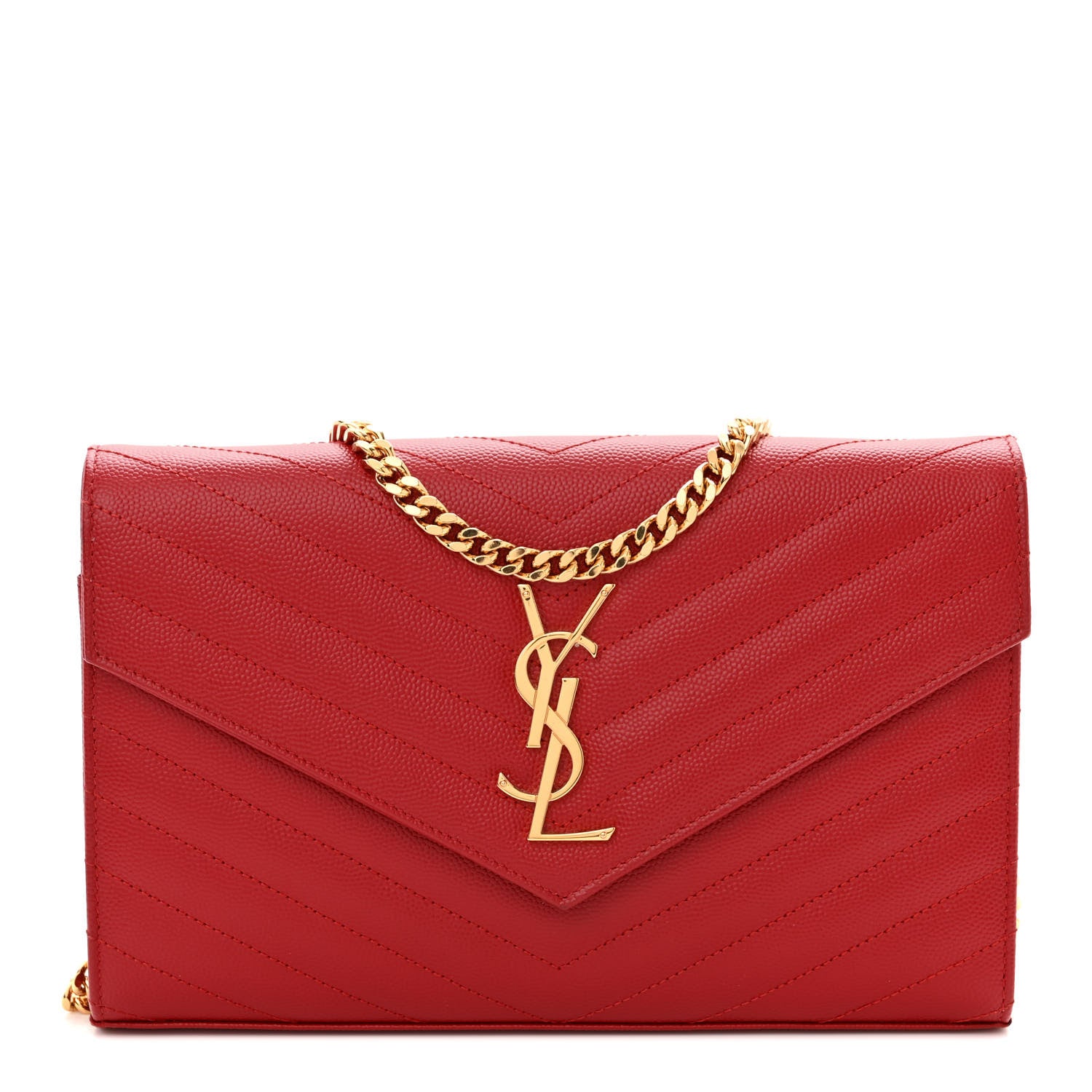 Saint Laurent Grain De Poudre Matelasse Chevron Monogram Chain Wallet New Red 1 of 14