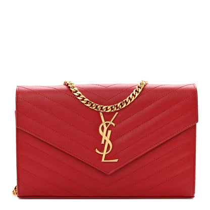 Saint Laurent Grain De Poudre Matelasse Chevron Monogram Chain Wallet New Red 1 of 14