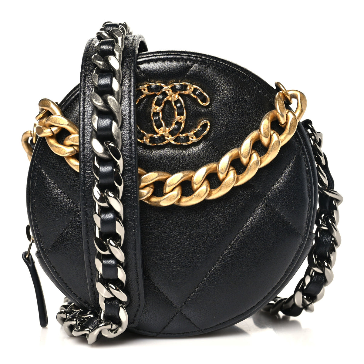 Chanel Lambskin Quilted Chanel 19 Round Clutch With Chain Black 1 of 9