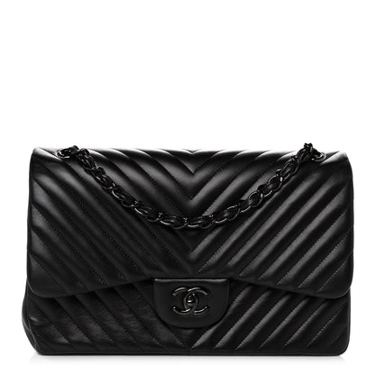 Chanel Lambskin Chevron Quilted Jumbo Double Flap So Black 1 of 11