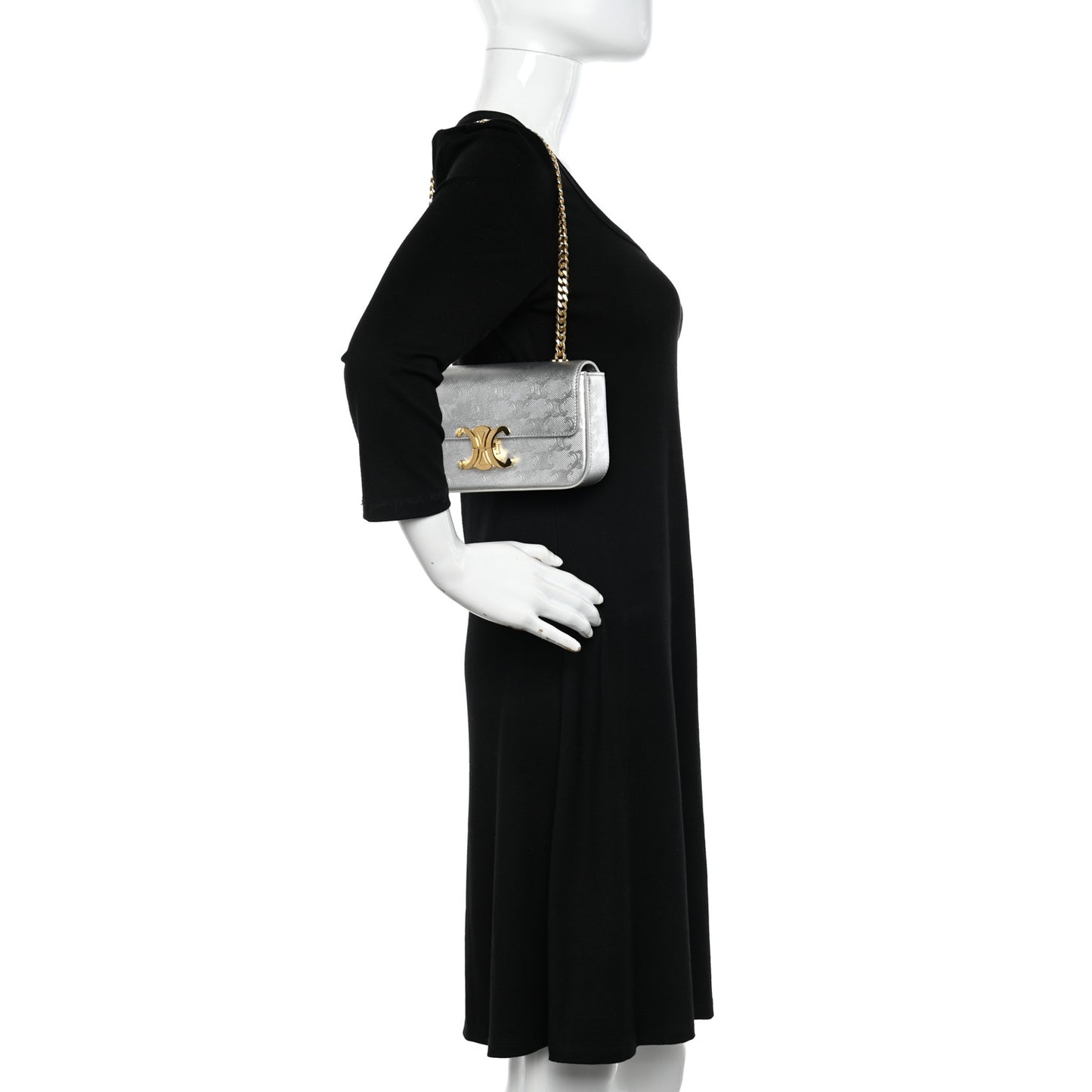 Laminated Calfskin Triomphe Embossed Claude Chain Shoulder Bag Silver