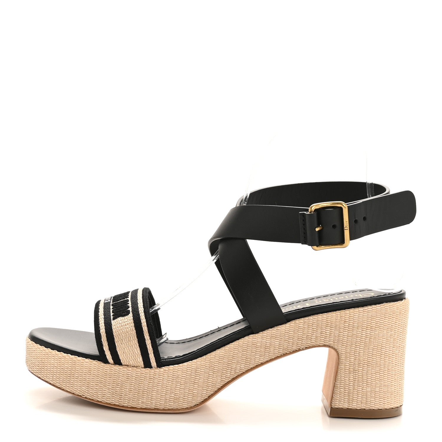 Christian Dior Calfskin Raffia Embroidered Dway Platform Sandals 39 Black 1 of 9
