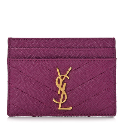 Saint Laurent Grain De Poudre Matelasse Chevron Monogram Credit Card Case Dark Grape 1 of 8