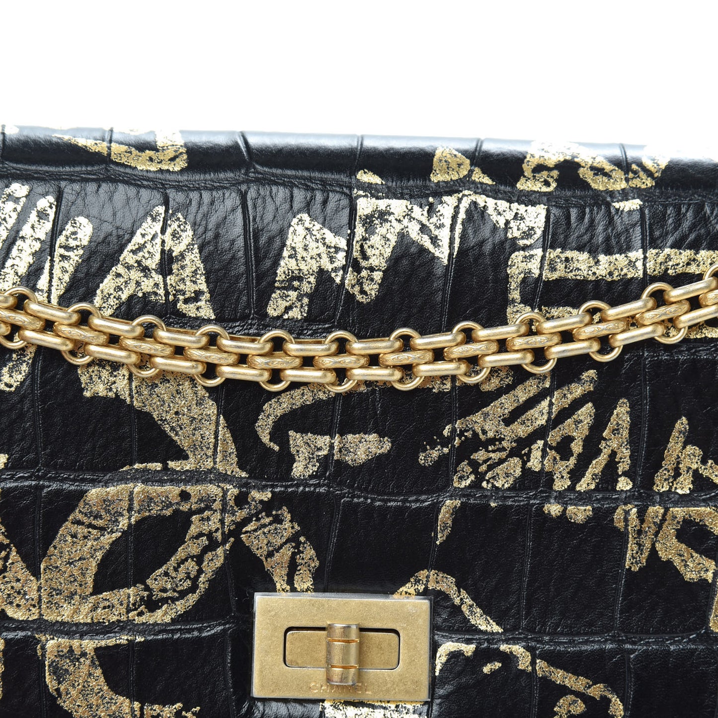 Calfskin Crocodile Embossed Graffiti 2.55 Cocodile Reissue Wallet On Chain WOC Black Gold