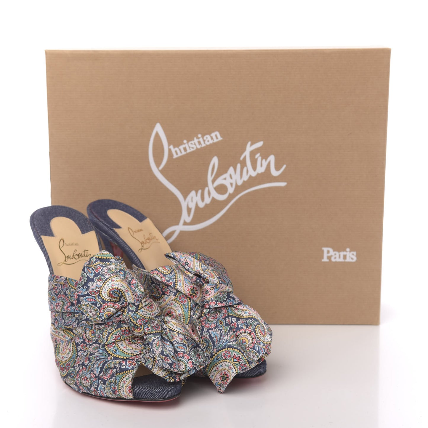 Satin Paisley Denim Moniquissima 120 Platform Slide Sandals 38 Positano Blue