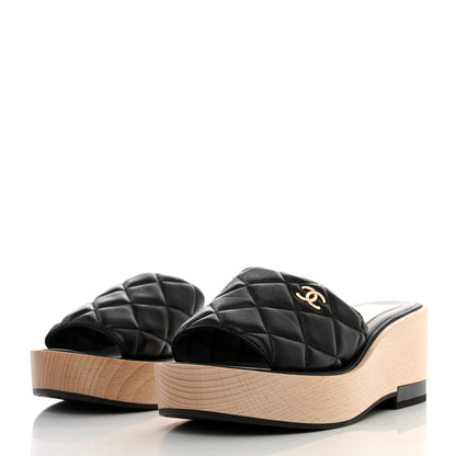 Chanel Lambskin Quilted CC Wedge Sandals 37 Black 3 of 7