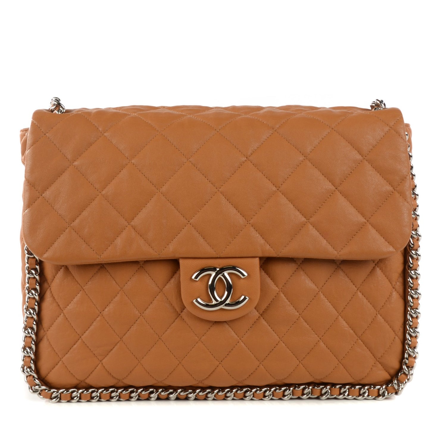 Washed Lambskin Quilted Maxi Chain Around Flap Dark Beige