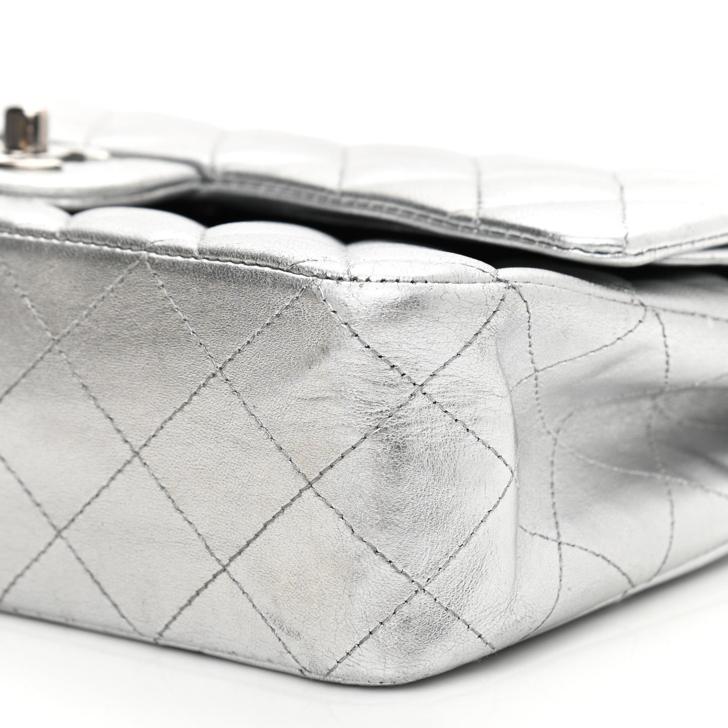 Metallic Lambskin Quilted Medium Double Flap Silver