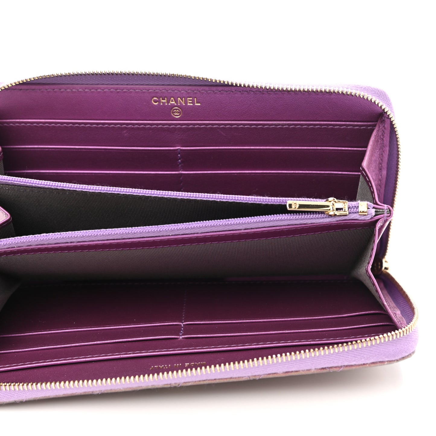 Iridescent Lambskin Quilted Large Gusset Zip Around Wallet Purple