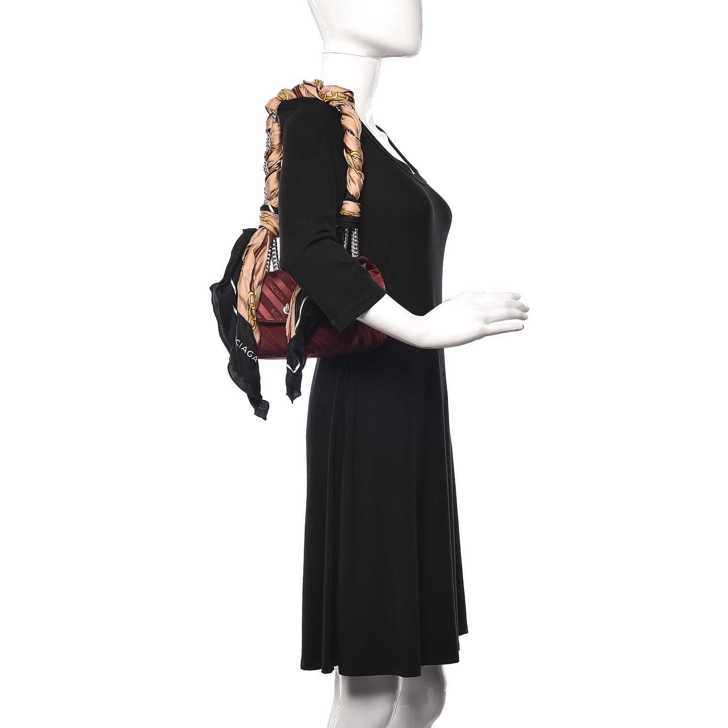 Balenciaga Nylon Jacquard Diagonal Logo Small Scarf Lock Chain Shoulder Bag Rouge Bordeaux Black Beige 2 of 10