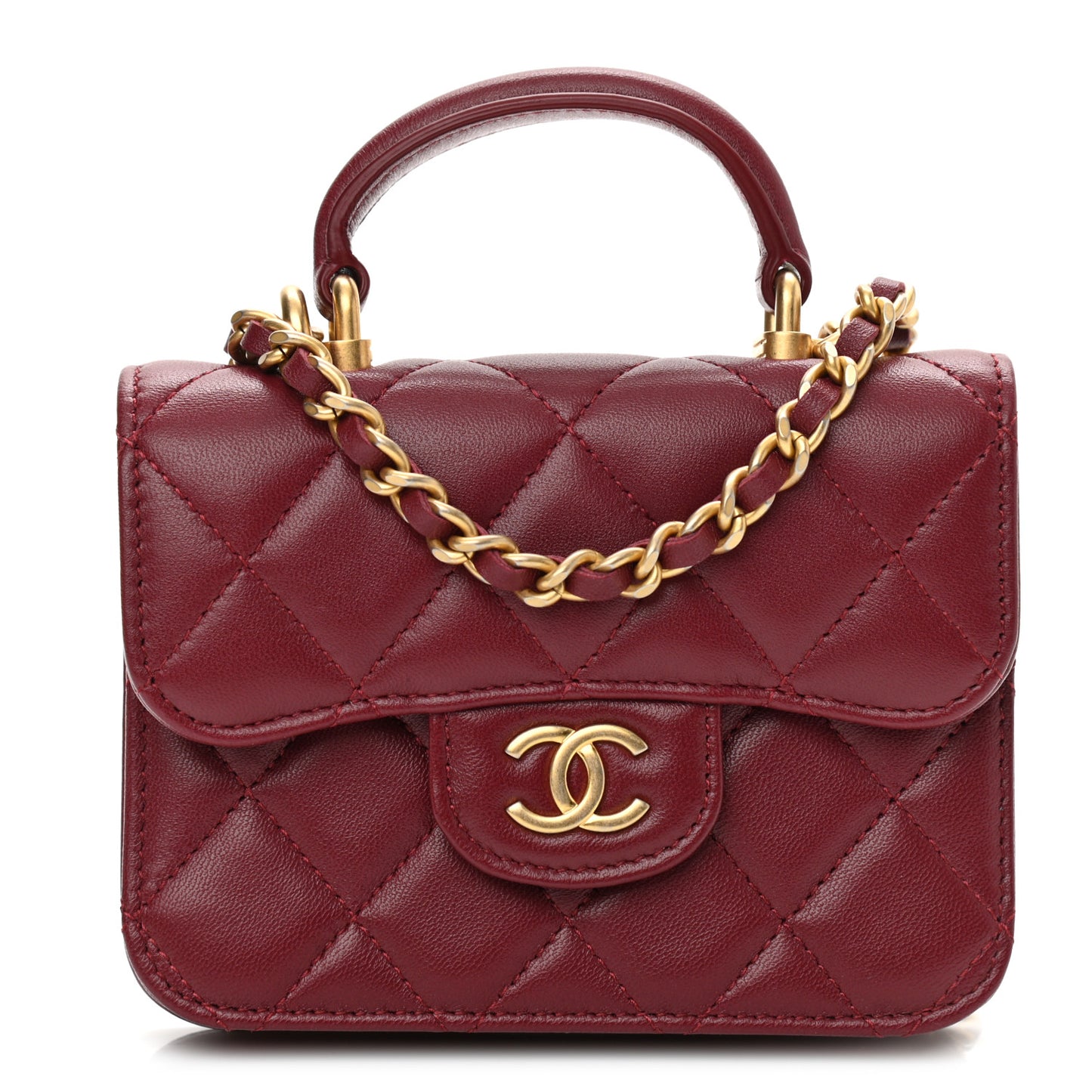 Lambskin Quilted Top Handle Flap Coin Purse With Chain Burgundy