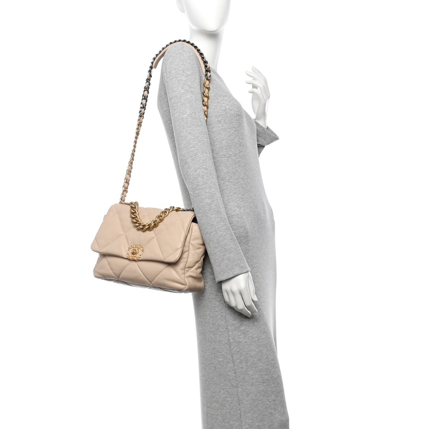 Goatskin Quilted Large Chanel 19 Flap Beige