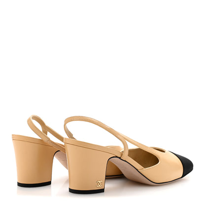 Chanel Goatskin Grosgrain Cap Toe CC Slingback Pumps 39 Beige Black 5 of 10