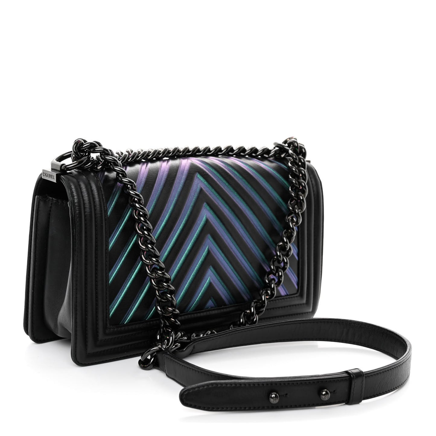 Calfskin Painted Chevron Embossed Medium Boy Flap Black