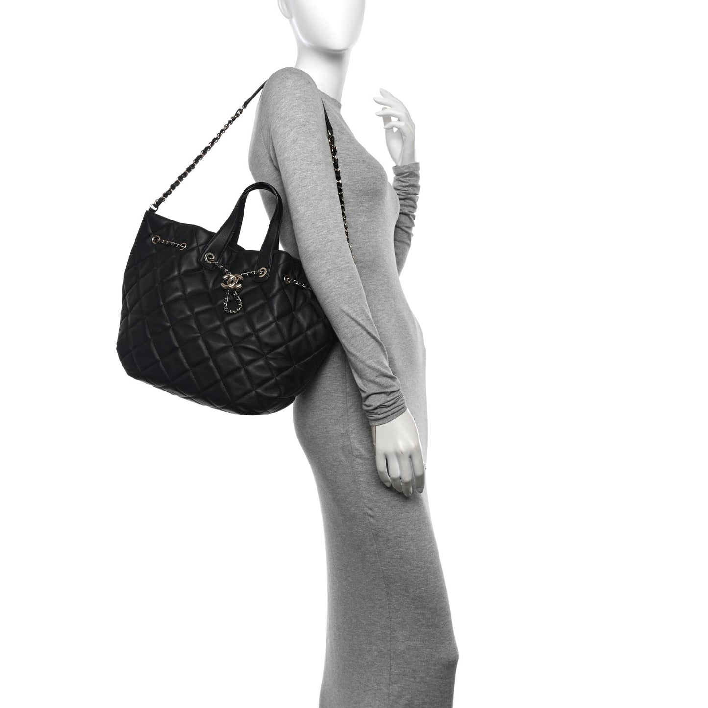Lambskin Quilted CC Dweller Drawstring Tote Black