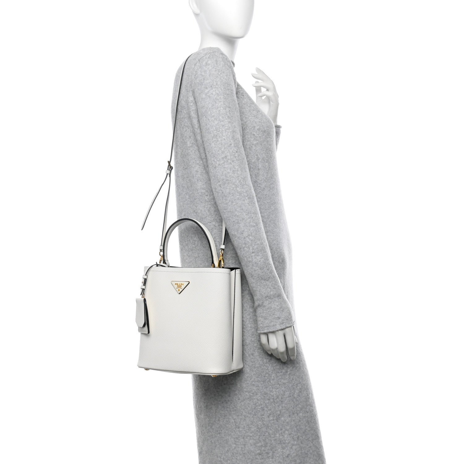 Prada Saffiano Cuir Medium Panier Bucket Bag  Bianco Black 2 of 10