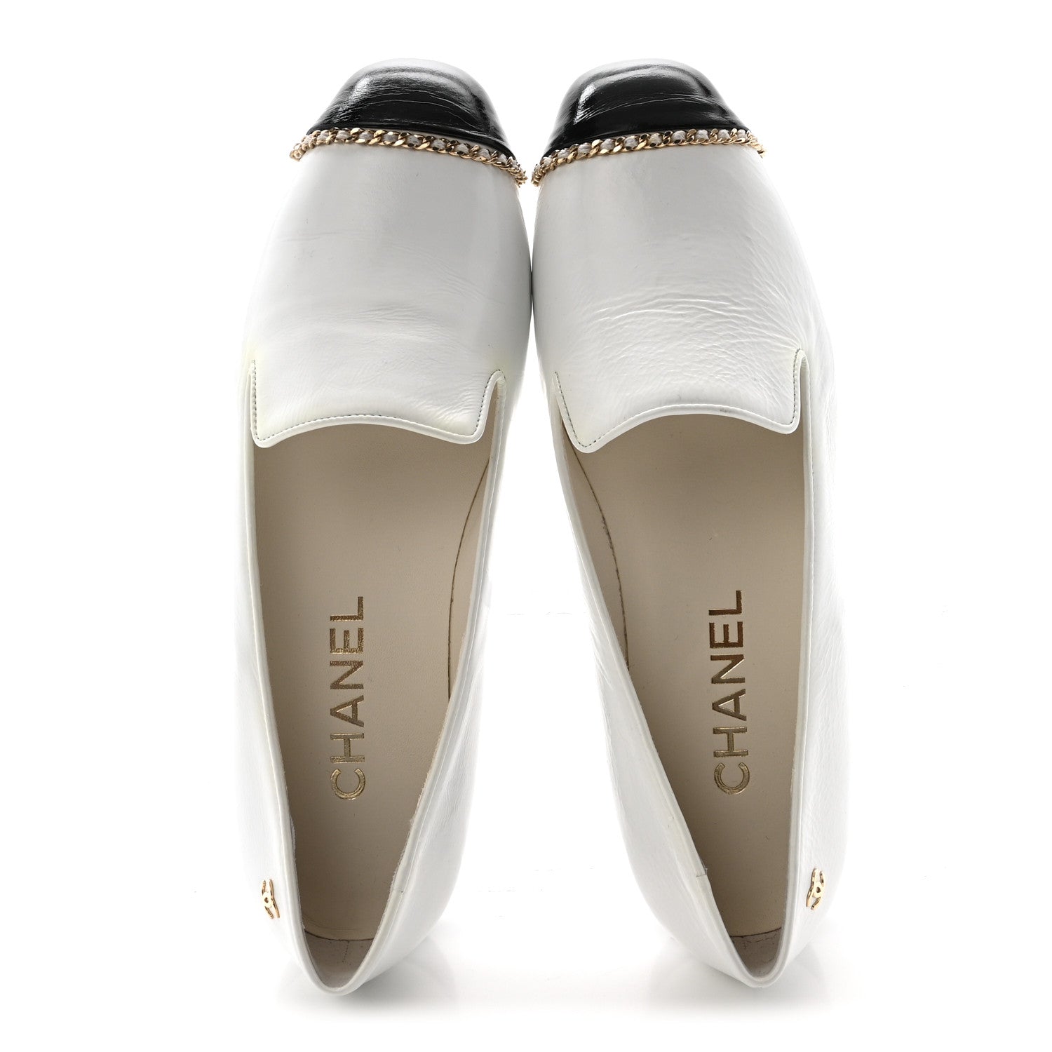 Chanel Patent Cap Toe Chain Moccasin Loafers 37 White Black 2 of 10